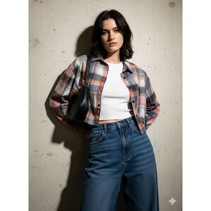 Blush Mark Cropped Patchwork Plaid Flannel Shirt Multi Color Button Down Size M